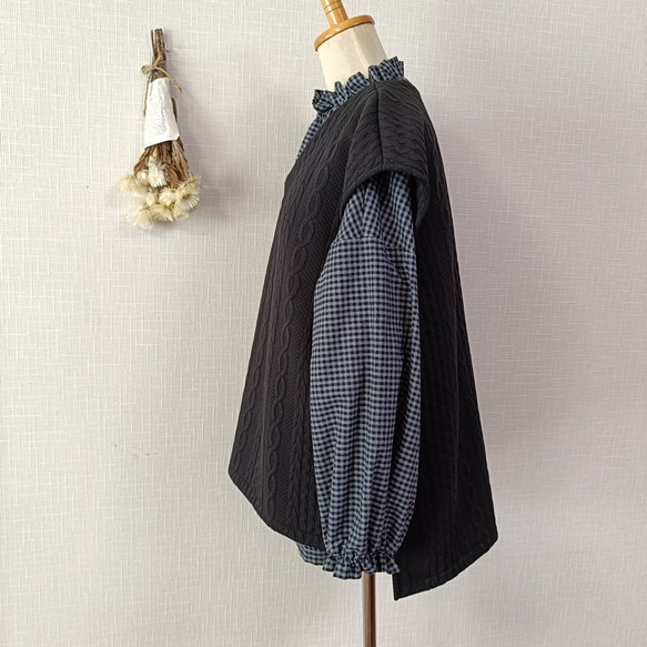 完売! 数量限定　起毛素材　ハイネックギャザーブラウス　グレー×ブラックのミニギンガムチェック柄　普通地～中厚地 11枚目の画像