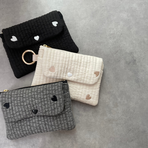 ハート刺繍 ヌビ生地 ミニポーチ カードポーチ カードケース キー