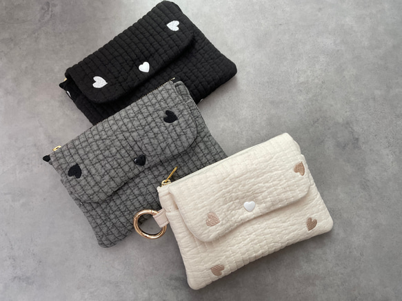 ハート刺繍　ヌビ生地　ミニポーチ　カードポーチ　カードケース　キーケース　マルチポーチ 7枚目の画像