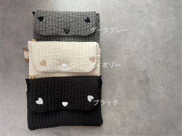 ハート刺繍　ヌビ生地　ミニポーチ　カードポーチ　カードケース　キーケース　マルチポーチ 3枚目の画像