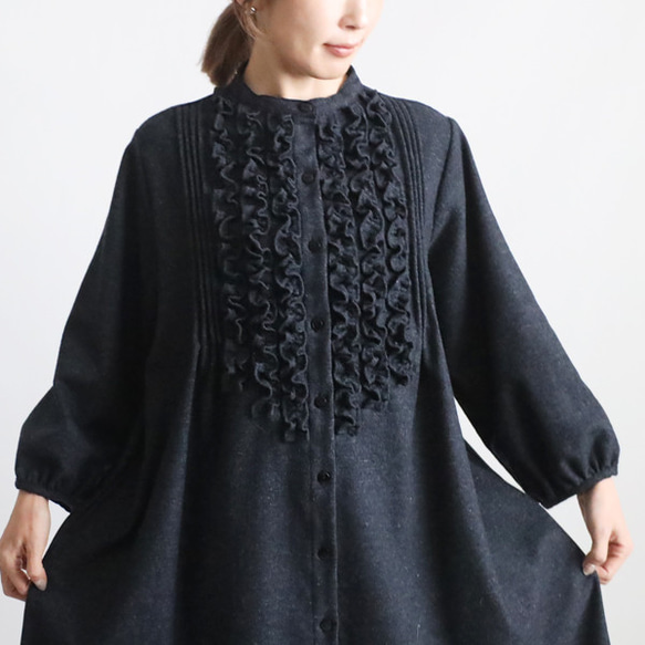 ⁂ラスト２　新作　１１５cm　暖か縮絨メルトン ウールmix　小花フリル　ワンピース　前開き　羽織り　紺K47 6枚目の画像