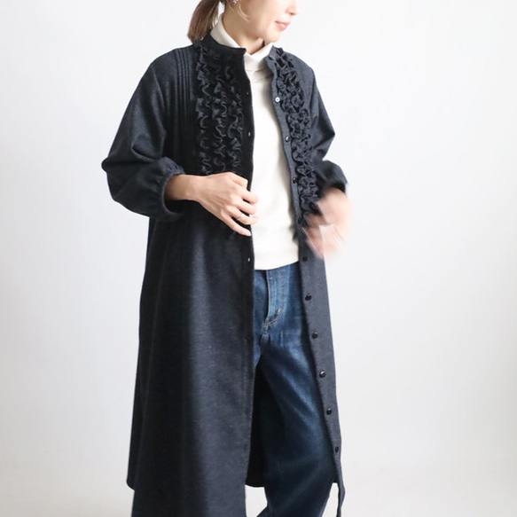 ⁂ラスト２　新作　１１５cm　暖か縮絨メルトン ウールmix　小花フリル　ワンピース　前開き　羽織り　紺K47 10枚目の画像