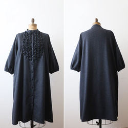 ⁂ラスト２　新作　１１５cm　暖か縮絨メルトン ウールmix　小花フリル　ワンピース　前開き　羽織り　紺K47 14枚目の画像