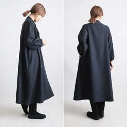 ⁂ラスト２　新作　１１５cm　暖か縮絨メルトン ウールmix　小花フリル　ワンピース　前開き　羽織り　紺K47 11枚目の画像