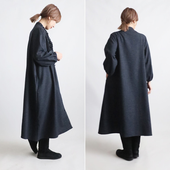 ⁂ラスト２　新作　１１５cm　暖か縮絨メルトン ウールmix　小花フリル　ワンピース　前開き　羽織り　紺K47 11枚目の画像