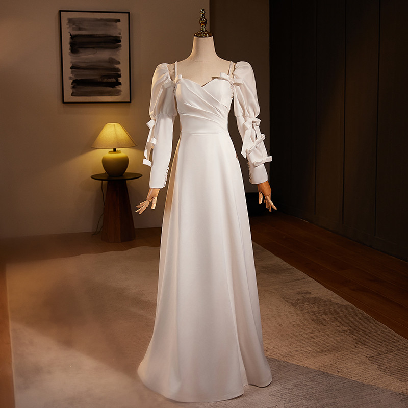 綺麗 白 サテン 長袖 ウェディングドレス パーティー シンプル 高級感 結婚式 花嫁 前撮り 披露宴 A7216