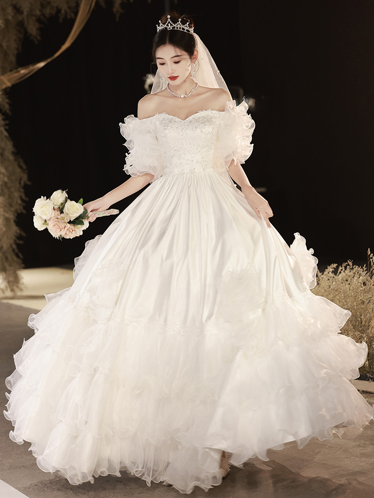 綺麗 白 サテン オフショルダー ウェディングドレス パーティー 高級感 結婚式 花嫁 前撮り 披露宴 A7218