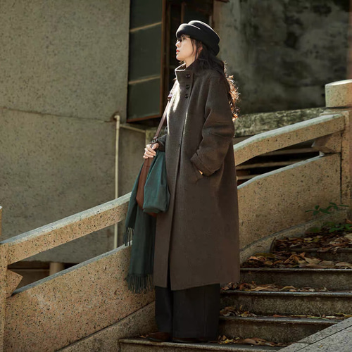 2色 2wayスタントカラー ウール100%ロングコート ポケット付き【冬春秋