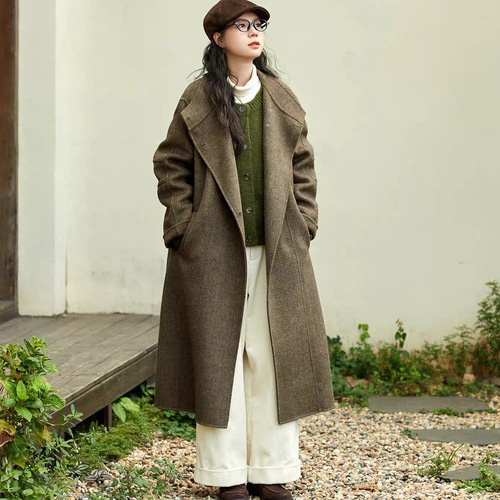 2色 2wayスタントカラー ウール100%ロングコート ポケット付き【冬春秋