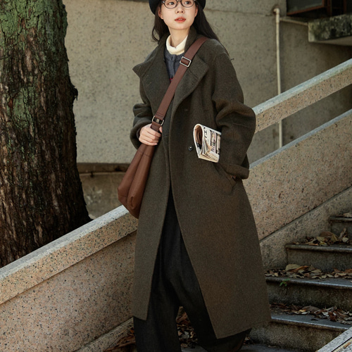 2色 2wayスタントカラー ウール100%ロングコート ポケット付き【冬春秋