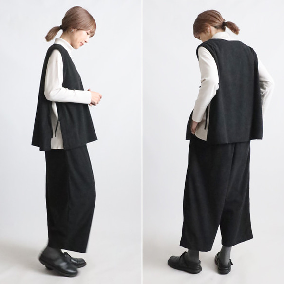 ⁂新作　ニット コーデュロイ生地　上下セットアップ　サイド横リボン付き ベスト　幅広 ストレート パンツ　黒 K67 3枚目の画像