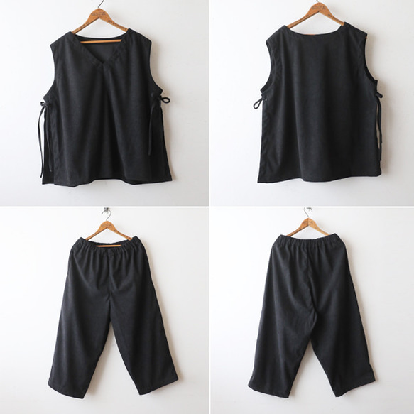 ⁂新作　ニット コーデュロイ生地　上下セットアップ　サイド横リボン付き ベスト　幅広 ストレート パンツ　黒 K67 12枚目の画像