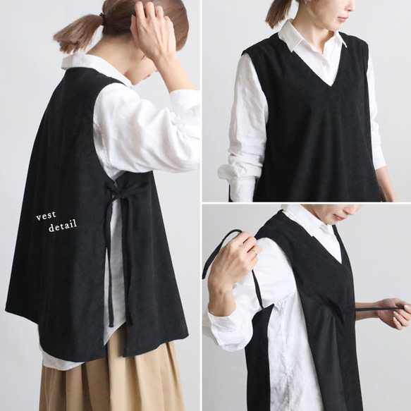 ⁂新作　ニット コーデュロイ生地　上下セットアップ　サイド横リボン付き ベスト　幅広 ストレート パンツ　黒 K67 6枚目の画像