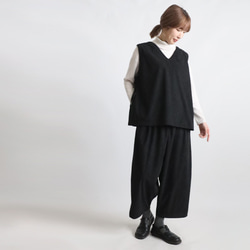 ⁂新作　ニット コーデュロイ生地　上下セットアップ　サイド横リボン付き ベスト　幅広 ストレート パンツ　黒 K67 2枚目の画像