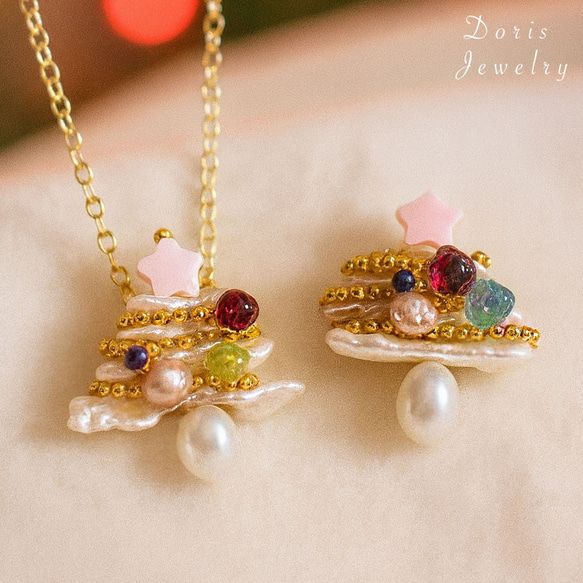 クリスマスツリーモチーフ　ネックレス　ブローチ　Ｙネックレス　真珠　淡水パール　天然石　ネコポス送料無料 1枚目の画像