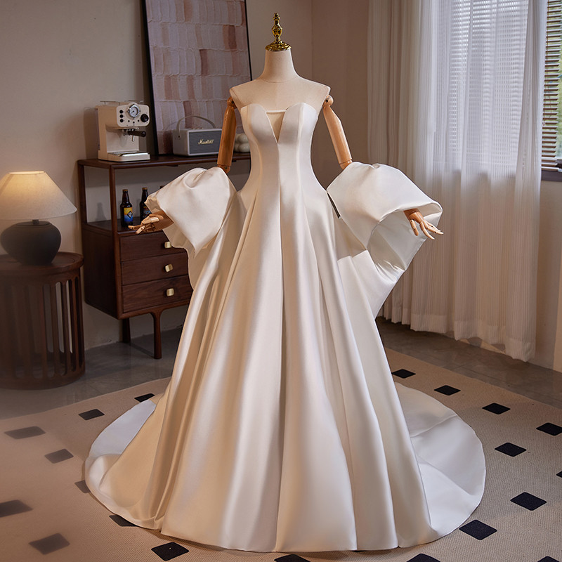 綺麗 白 サテン オフショルダー ウェディングドレス 裾引き パーティー 結婚式 花嫁 前撮り 披露宴 A7226