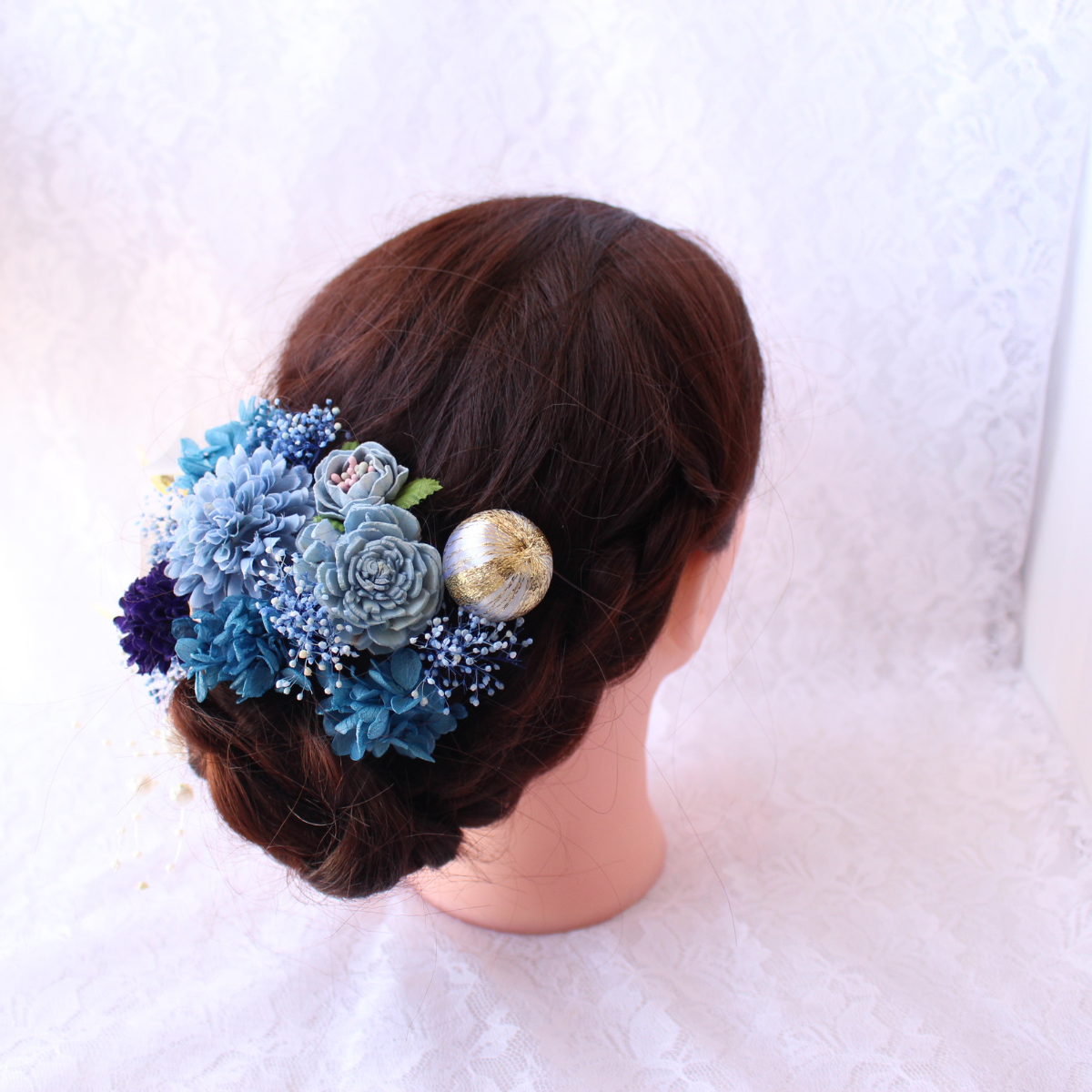 胡蝶蘭のブルー髪飾り　卒業式 成人式 結婚式 プリザーブドフラワー ヘッドドレス 和装　花 髪かざり　青　白