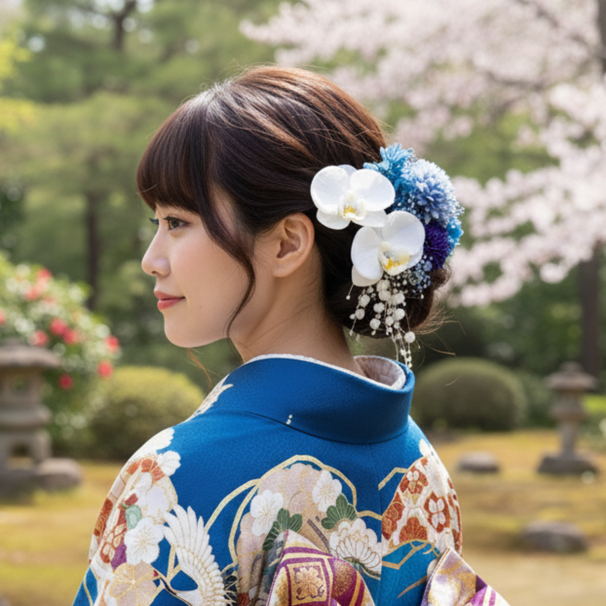 胡蝶蘭のブルー髪飾り　卒業式 成人式 結婚式 プリザーブドフラワー ヘッドドレス 和装　花 髪かざり　青　白