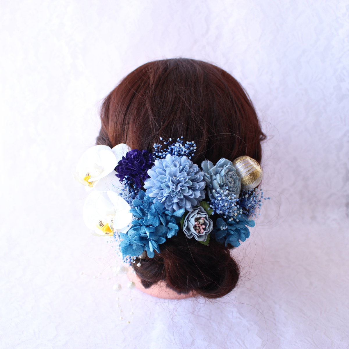 胡蝶蘭のブルー髪飾り　卒業式 成人式 結婚式 プリザーブドフラワー ヘッドドレス 和装　花 髪かざり　青　白