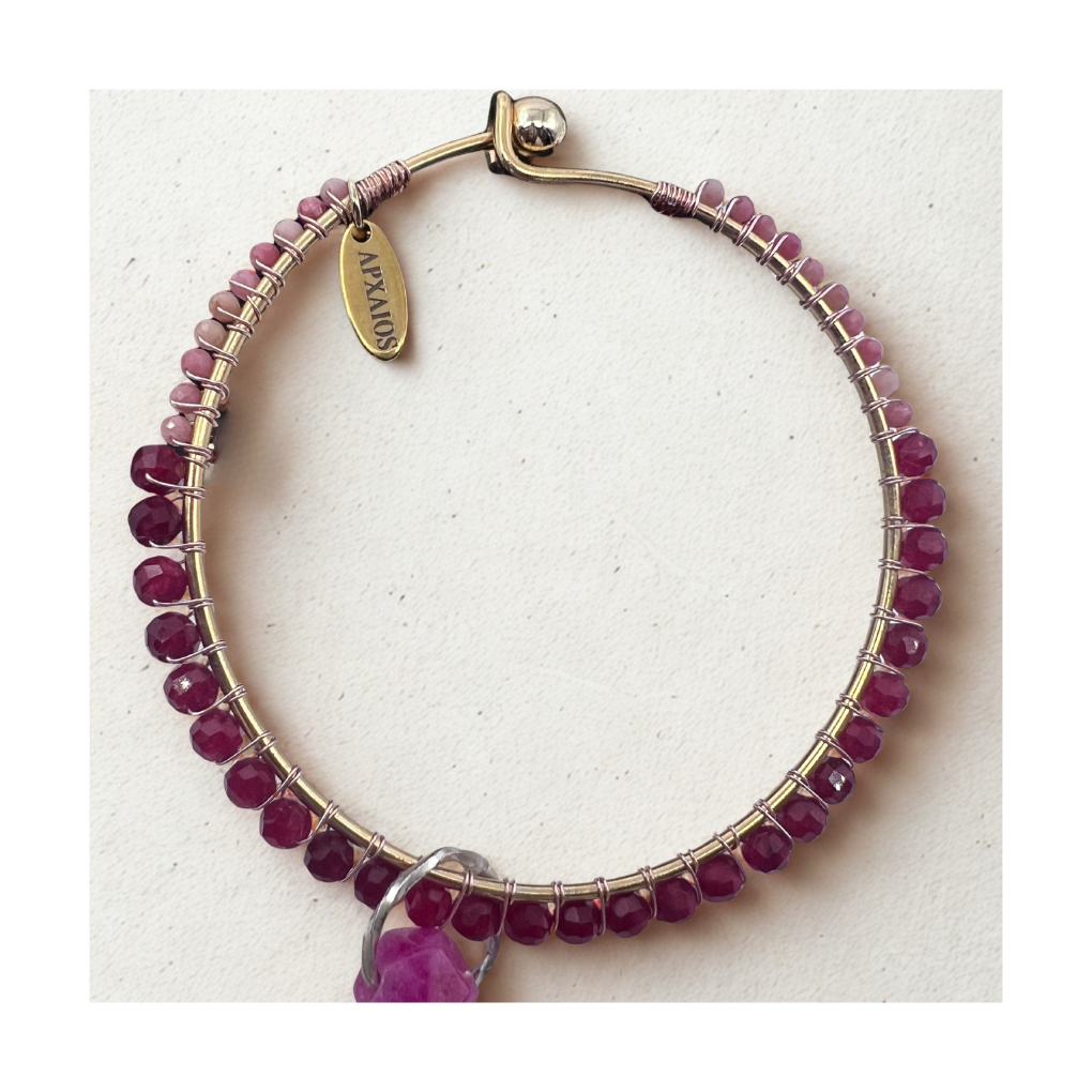 ルビーとロードクロサイトのバングル　ピンククオーツのチャーム付き