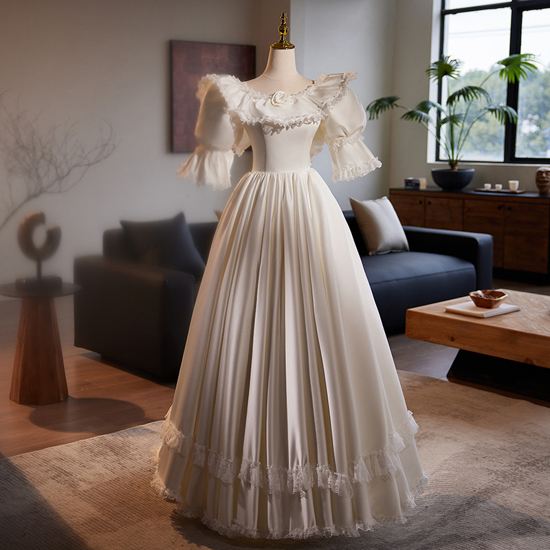 綺麗 白 半袖 サテン ウェディングドレス プリンセス 可愛い パーティー 結婚式 花嫁 前撮り 披露宴 A7230