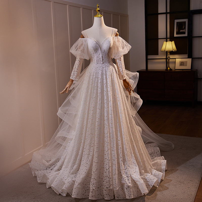 綺麗 白 レース 長袖 ウェディングドレス 裾引き おしゃれ パーティー 結婚式 花嫁 前撮り 披露宴 A7234