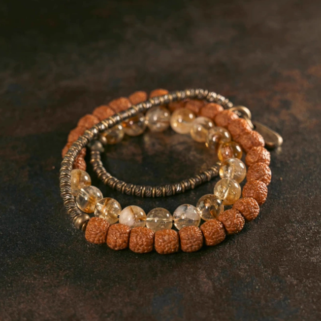 ◤ Refined ◢   マルチレイヤーブレスレット ・ 金剛菩提樹の実 / 黄水晶（天然シトリン）