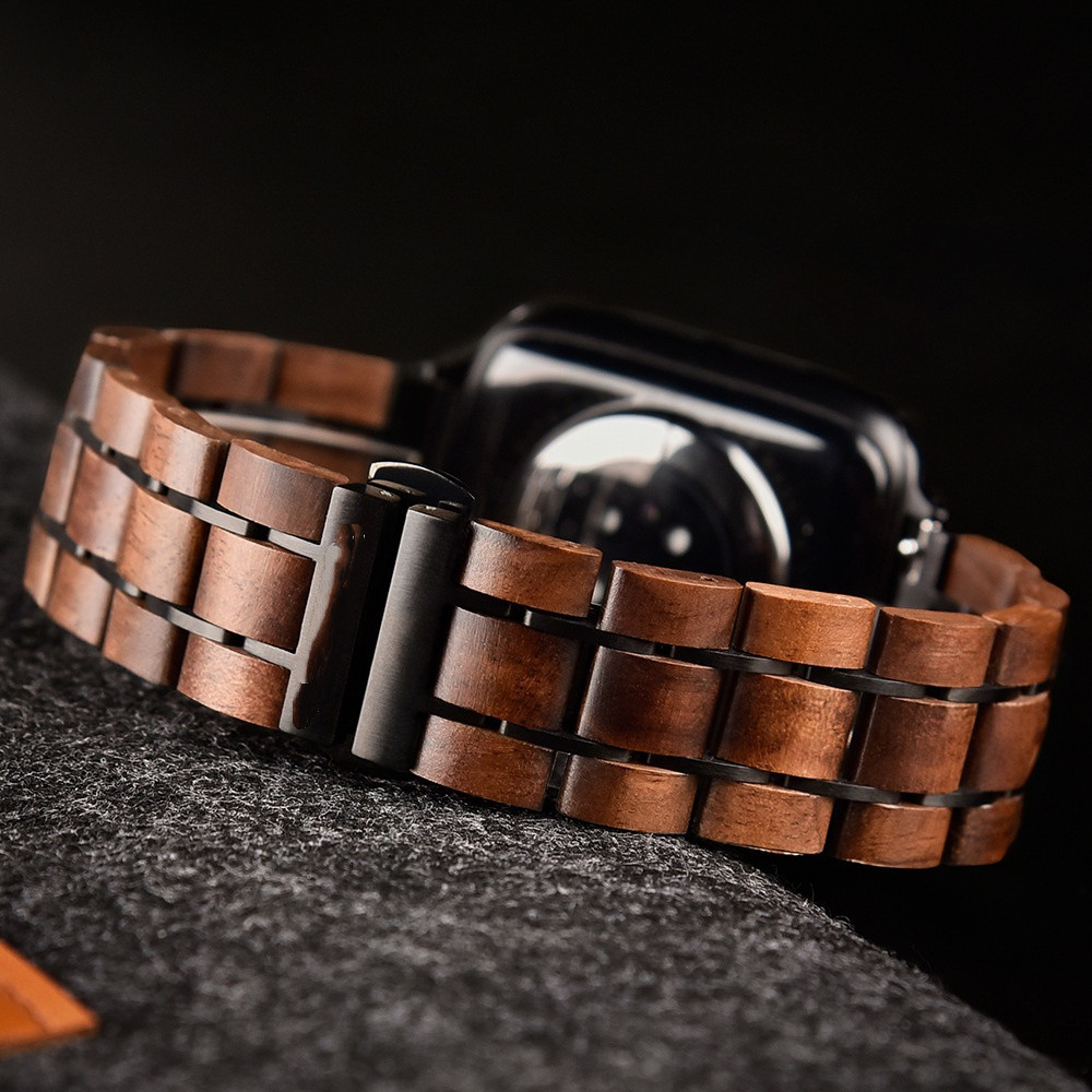 アップルウォッチ対応 ウォールナット天然木 × ブラックステンレス バンド 手作り ハンドメイド 交換ベルト