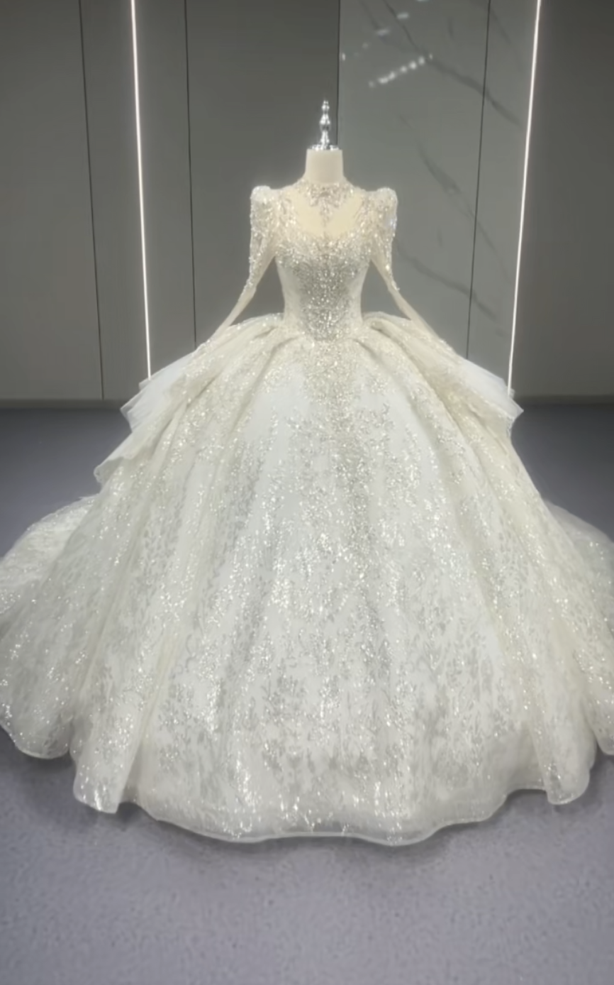 背中空き　豪華なウェディングドレス　可愛い　白ホワイト　人気ドレス　パーティー　秋婚冬婚春婚　ロングトレーン長袖チュール