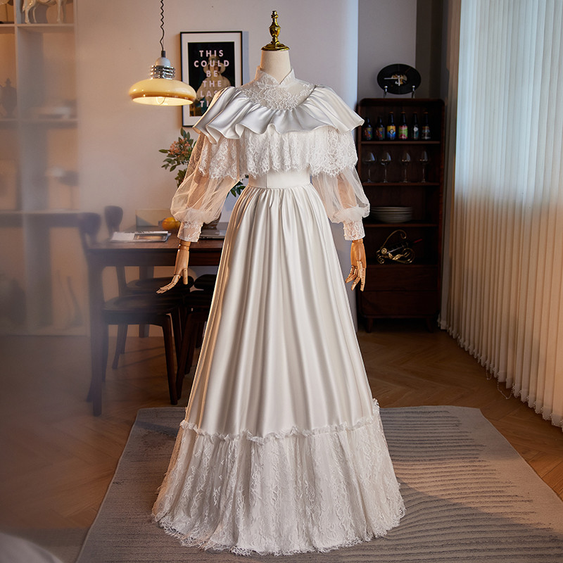 綺麗 白 サテン 長袖 ウェディングドレス プリンセス パーティー 結婚式 花嫁 前撮り 披露宴 A7240