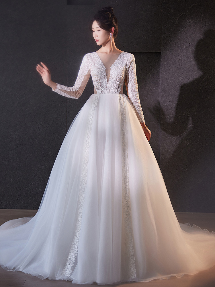 綺麗 白 Vネック 長袖 ウェディングドレス 裾引き 高級感 パーティー 結婚式 花嫁 前撮り 披露宴 A7243