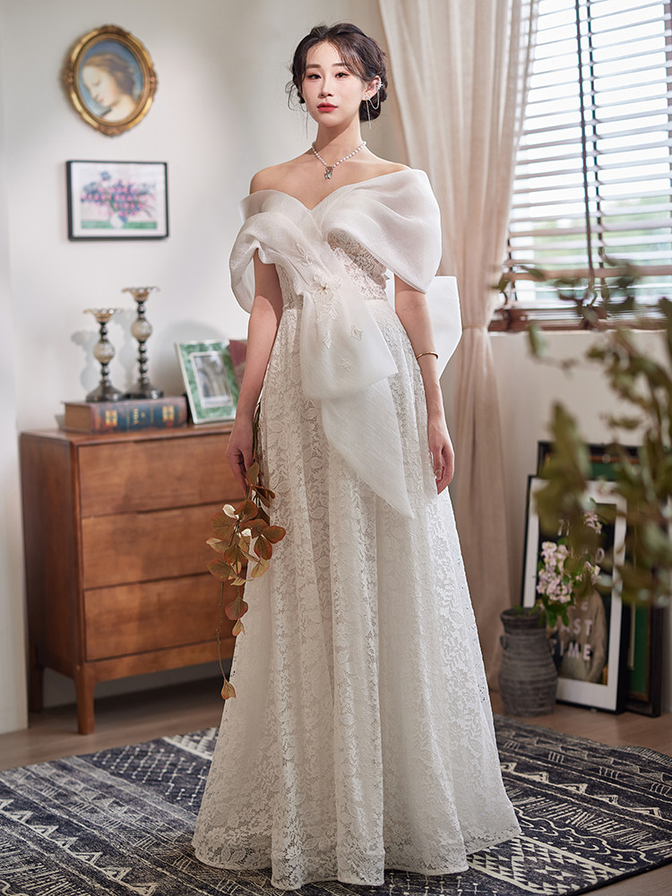 綺麗 白 オフショルダー バックリボン ウェディングドレス 高級感 パーティー 結婚式 花嫁 前撮り 披露宴 A7245