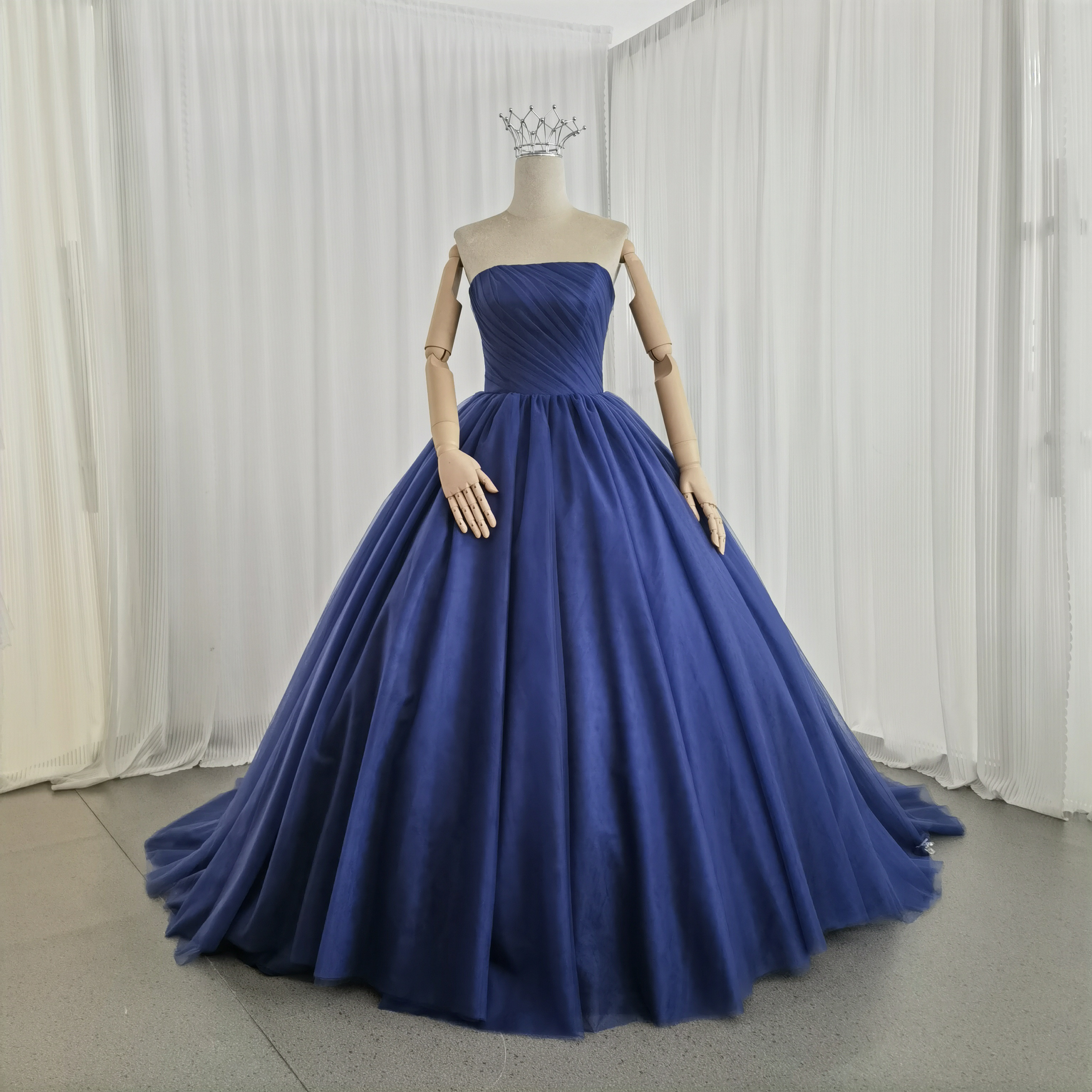 送料無料！カラードレス   ネイビー 編み上げ ビスチェドレス ソフトチュール 結婚式 エレガント スリット