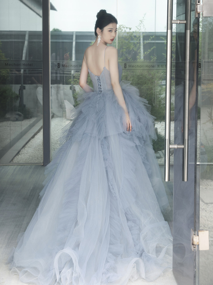 豪華 薄青 ふわふわ ウェディングドレス 裾引き 高級感 パーティー 結婚式 花嫁 前撮り 披露宴 A7249