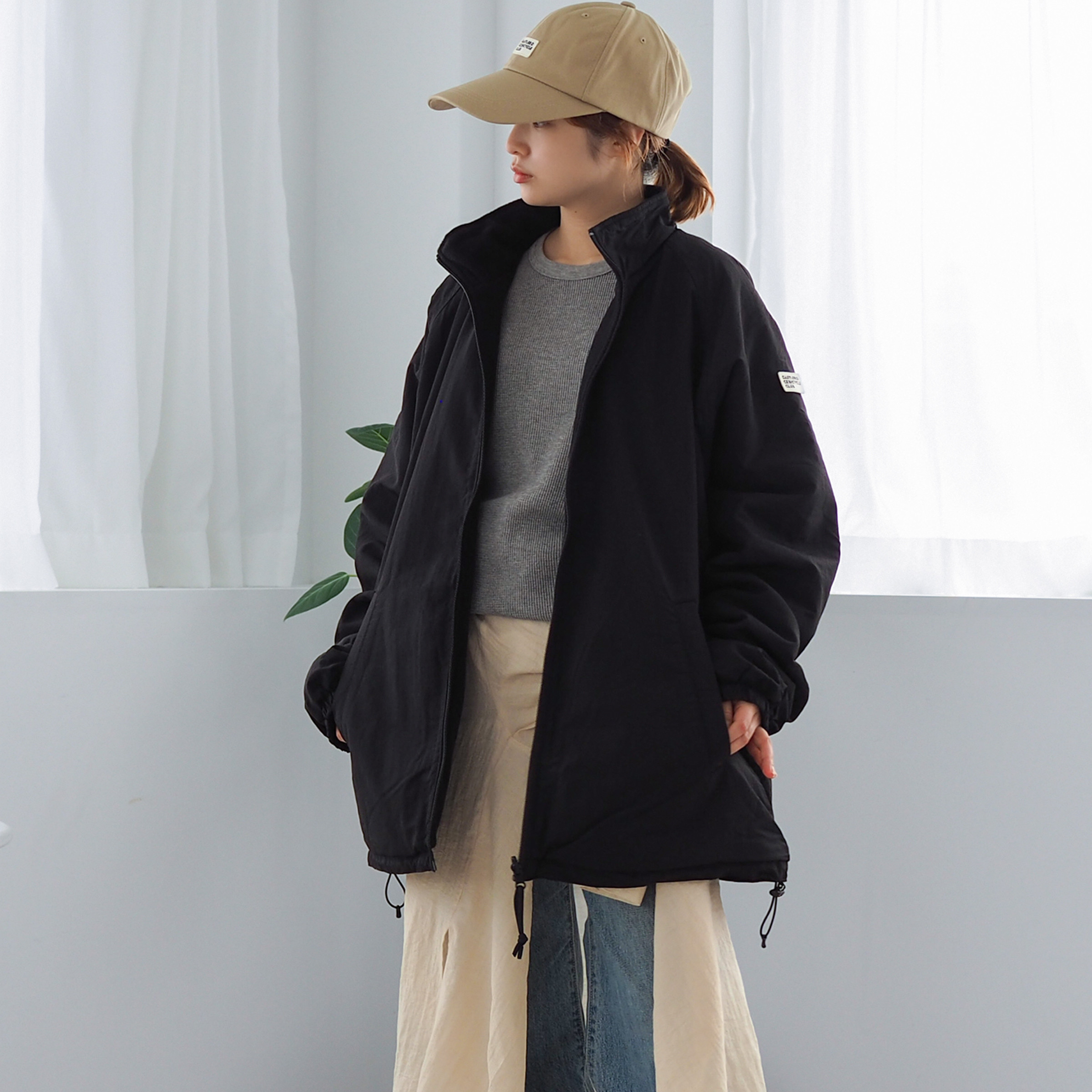 暖かいリバーシブル ナイロンフリースジャケット CBC ブラック ユニセックス