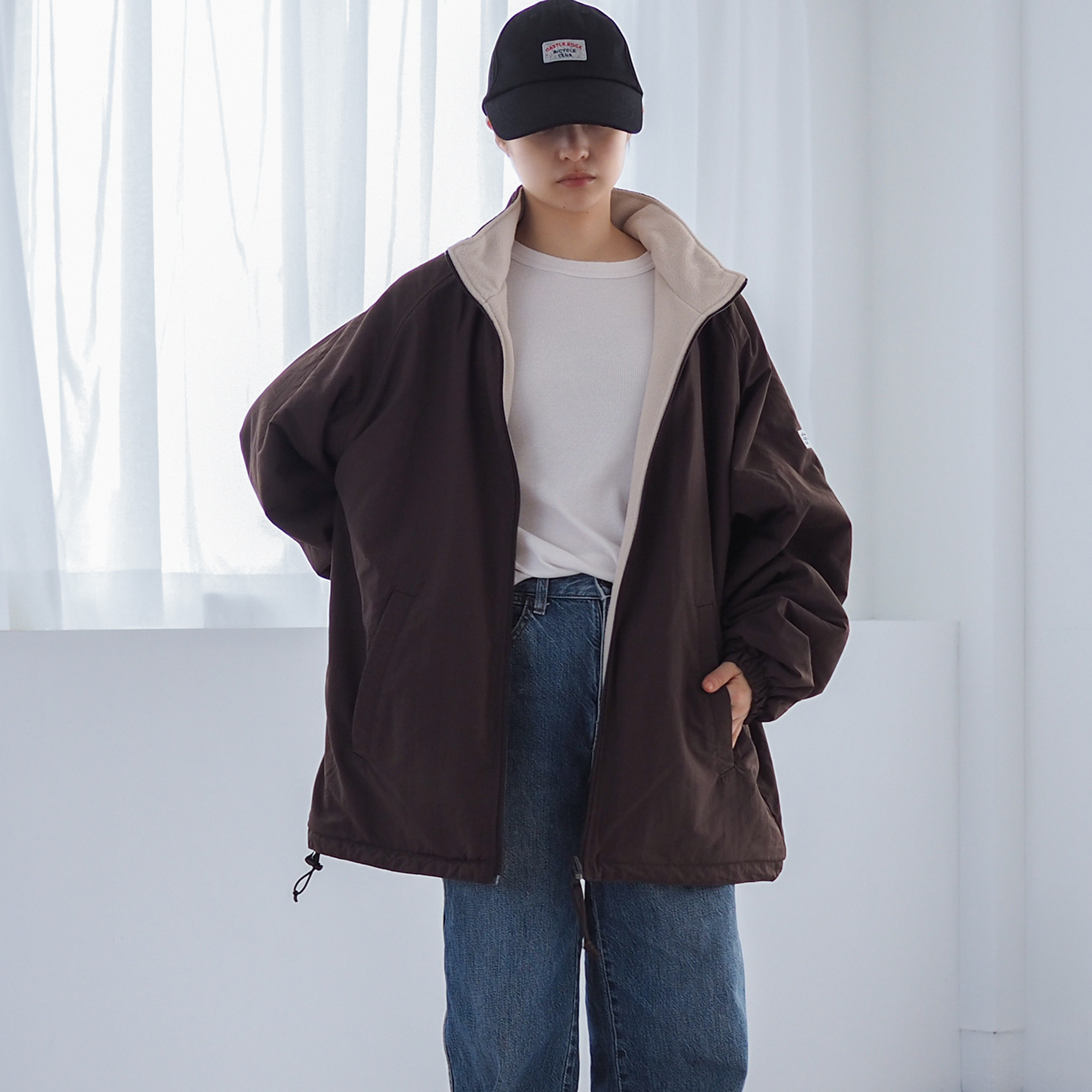 暖かいリバーシブル ナイロンフリースジャケット CBC ブラウン ユニセックス