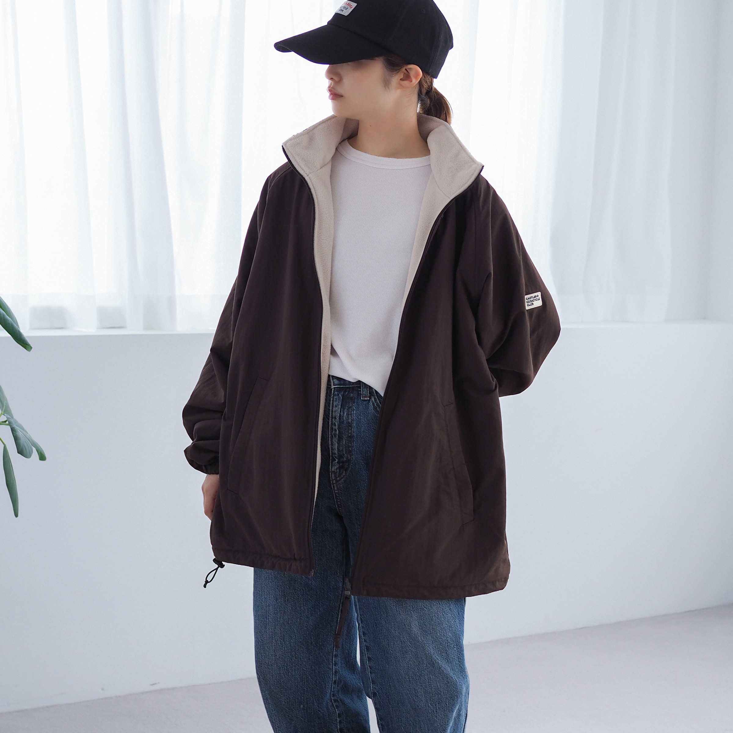 暖かいリバーシブル ナイロンフリースジャケット CBC ブラウン ユニセックス