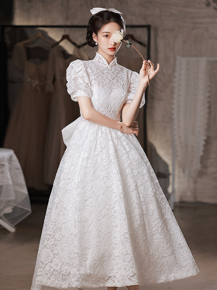 綺麗 白 レース 半袖 ウェディングドレス シンプル パーティー 結婚式 花嫁 前撮り 披露宴 A7255