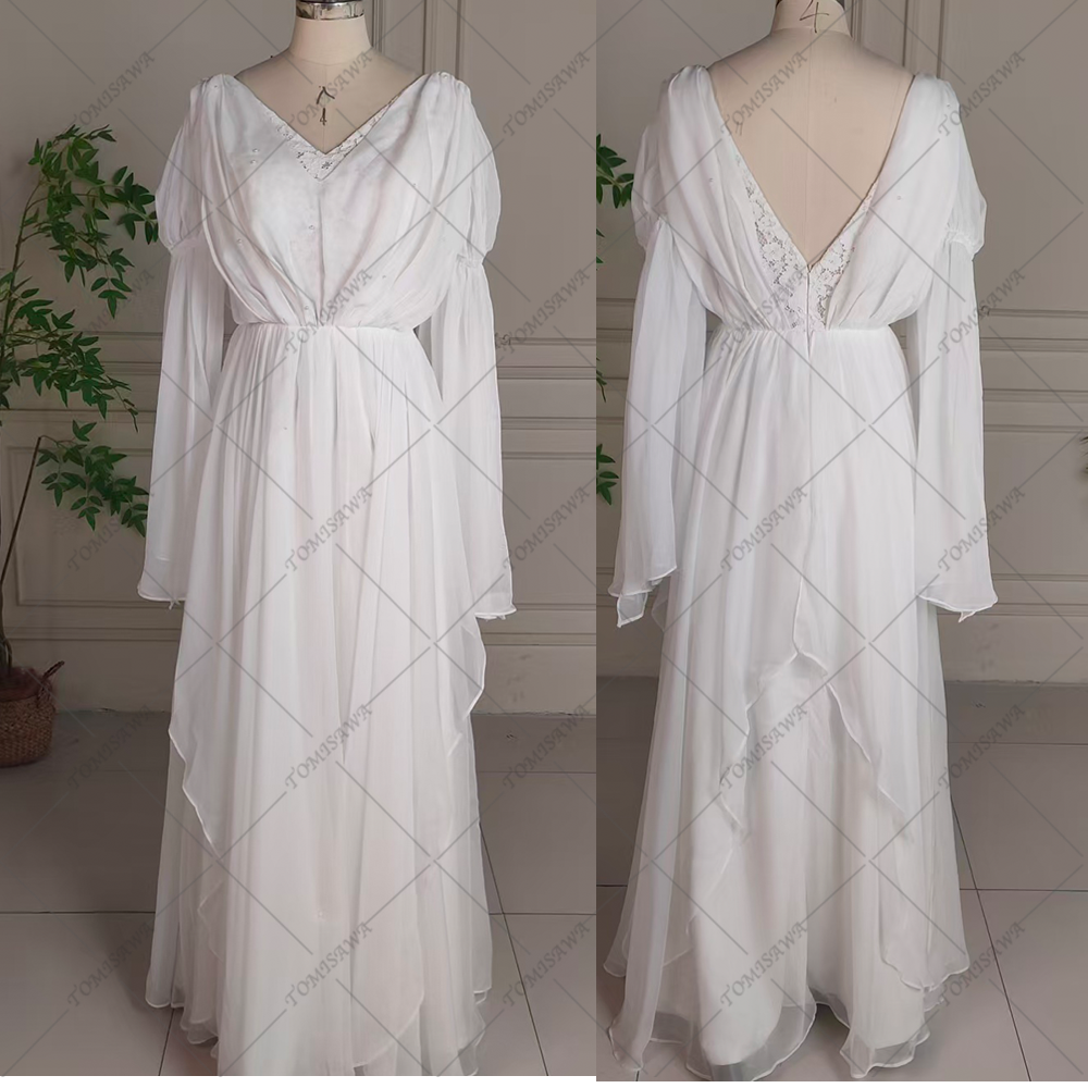 Vネック 袖付き ウェディングドレス 二次会 同窓会ドレス F958