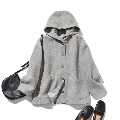 軽くて暖かいフード付きアウター ウールアウター グレー 241206-7