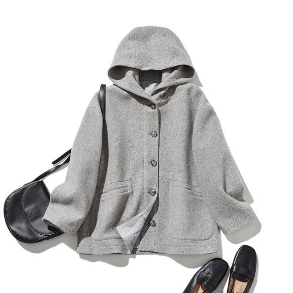 軽くて暖かいフード付きアウター ウールアウター グレー 241206-7