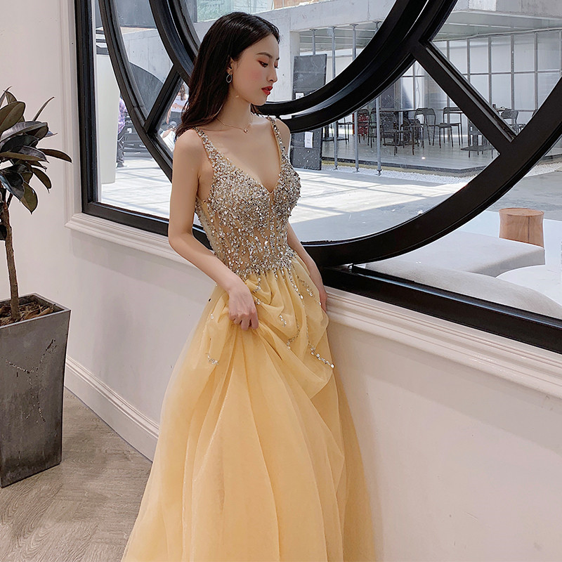 綺麗 黄色 キラキラグリッター パーティードレス 韓国風 パーティー 演奏会 二次会 前撮り 披露宴 A7263
