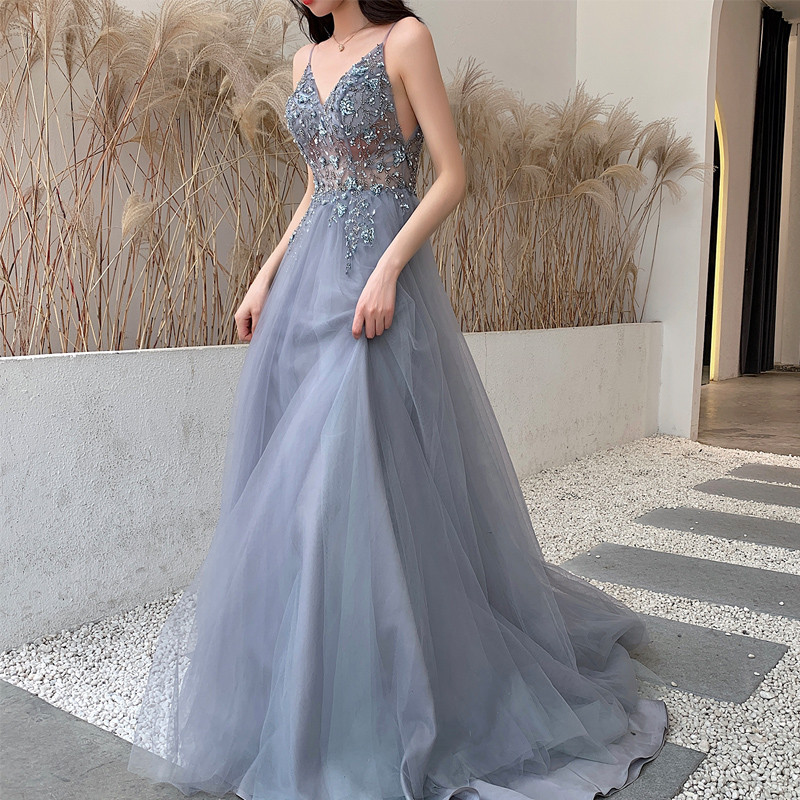 綺麗 グレー キラキラグリッター パーティードレス 韓国風 パーティー 演奏会 二次会 前撮り 披露宴 A7264