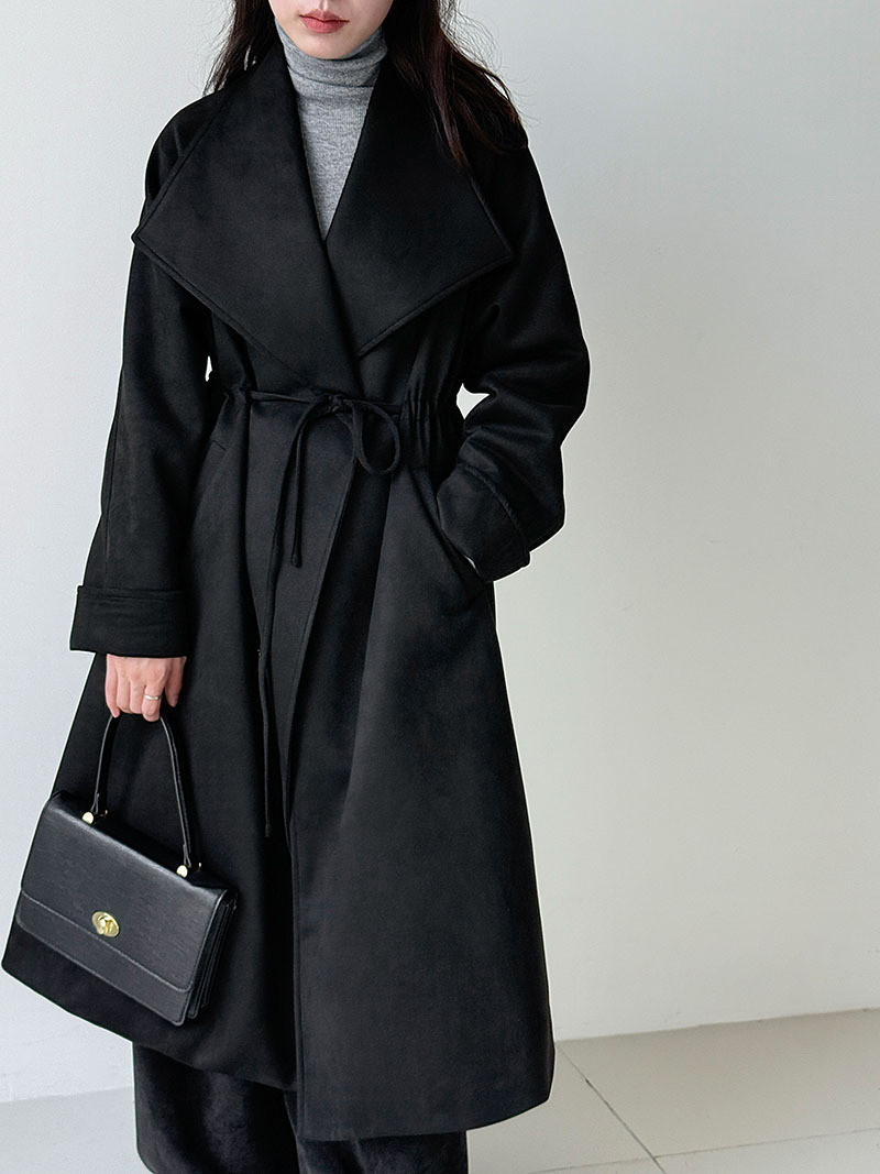 レディース高級感シルエットロングトレンチコート 秋冬新作 リラックスドローコード 大きなリブコ ollar 83B