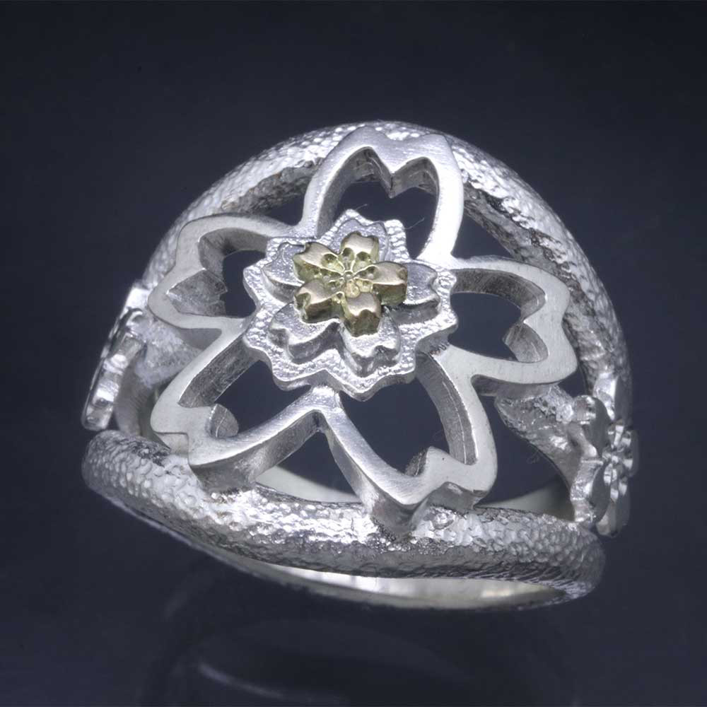 指輪 メンズ : 桜 リング 白仕上げ K18 シルバー 15～27号 さくら サクラ シルバーリング R-452