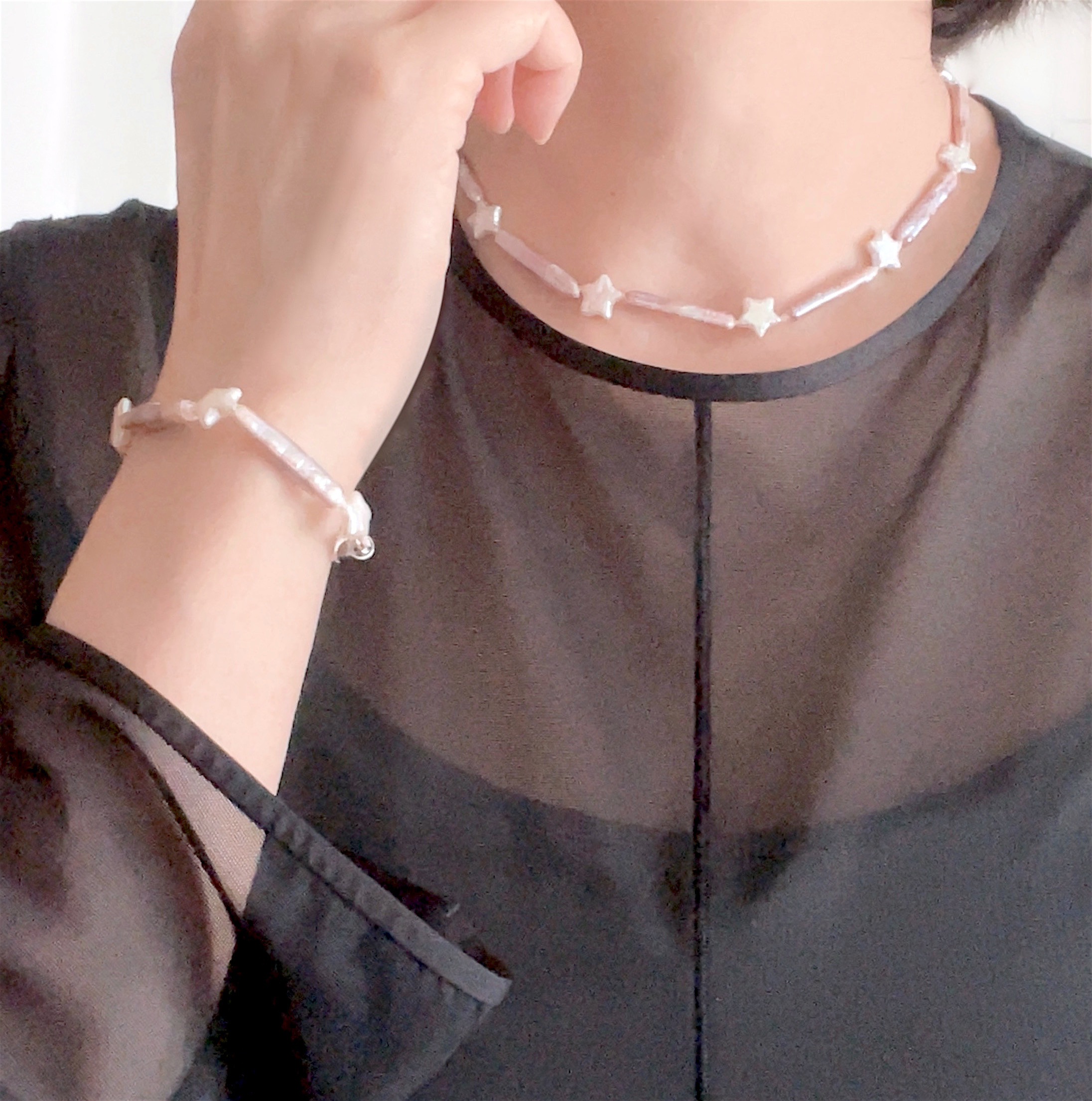 星とバーパール 淡水パール  チョーカーネックレスとブレスレットのセット  ライトパープル