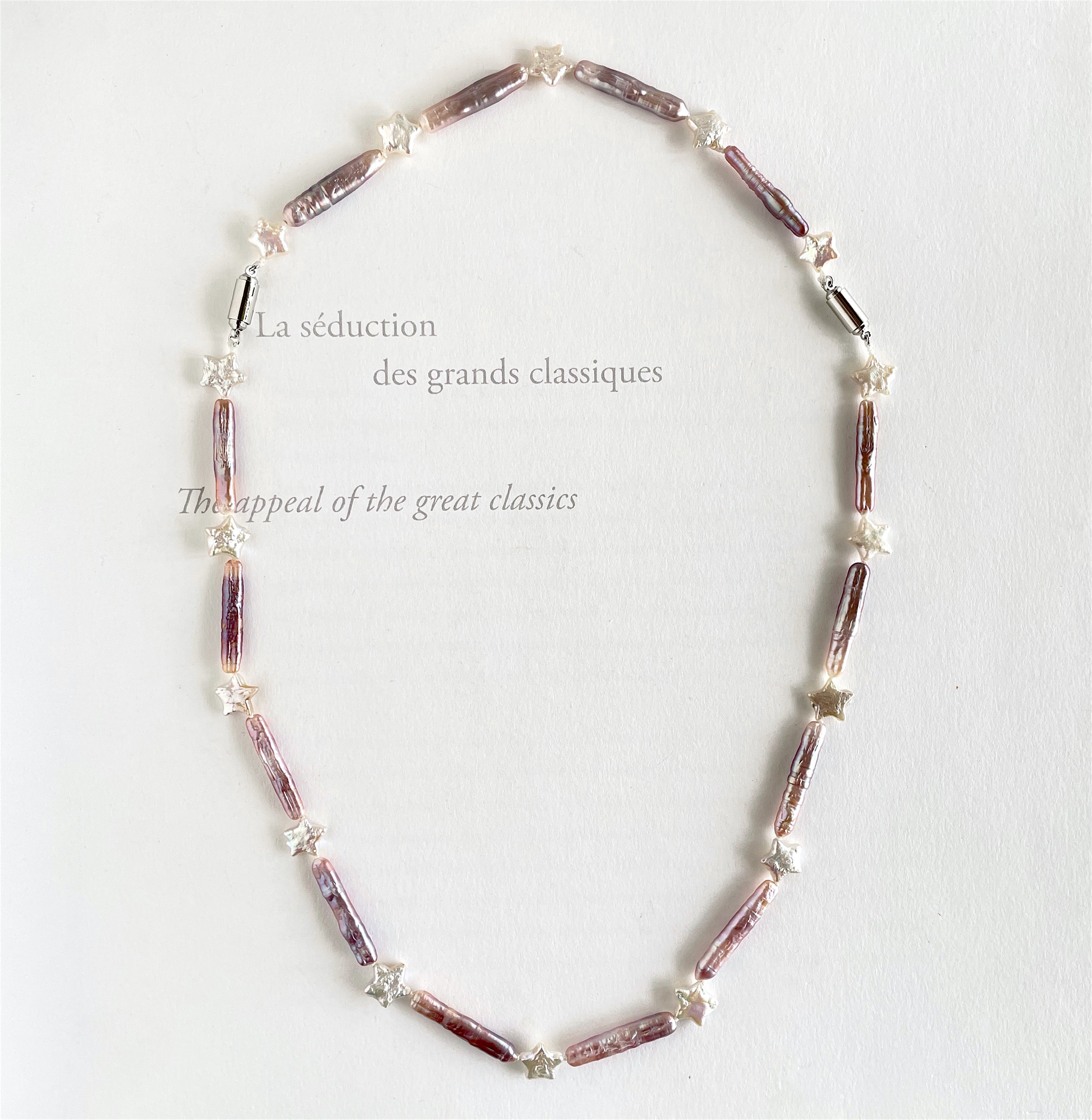 星とバーパール 淡水パール  チョーカーネックレスとブレスレットのセット  ライトパープル