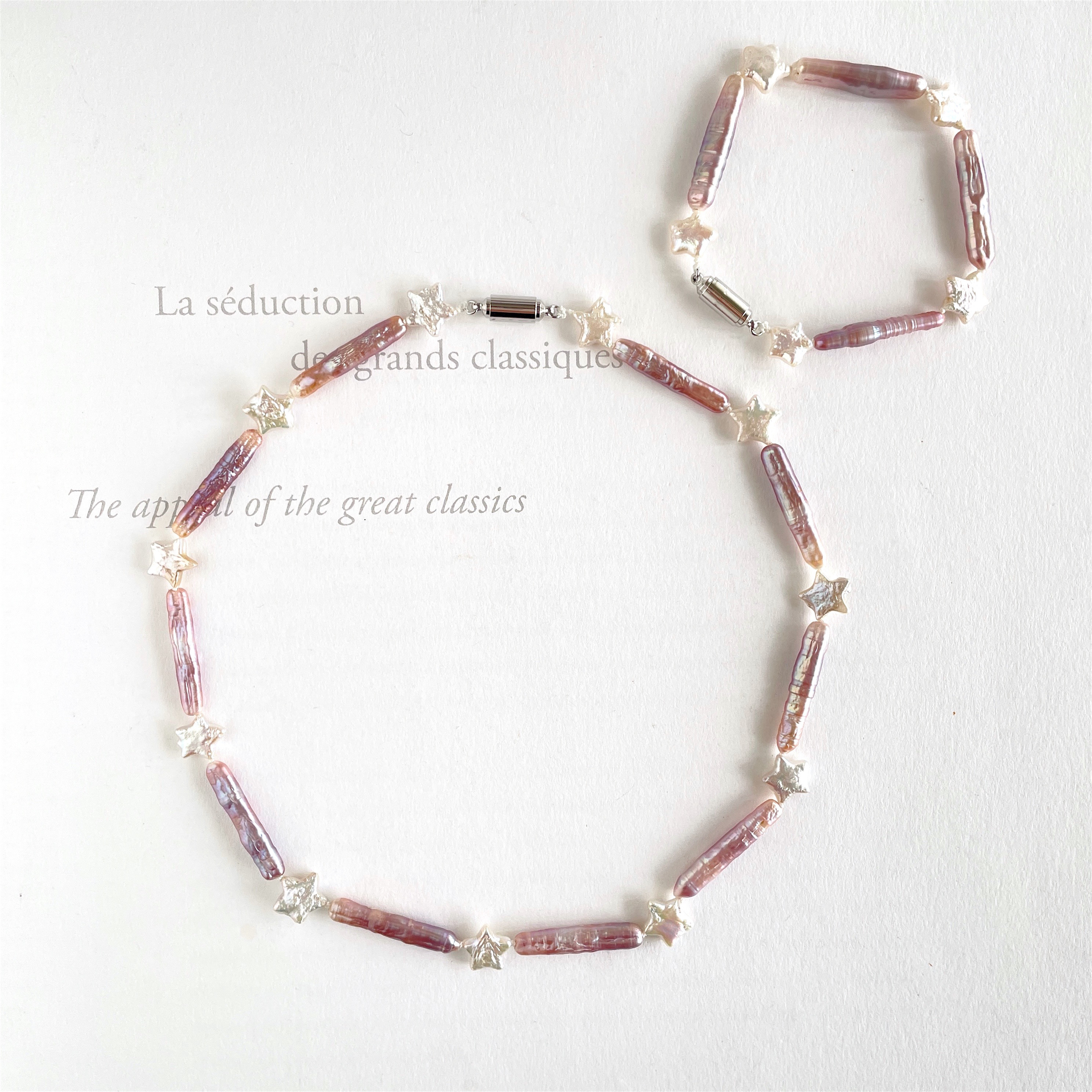 星とバーパール 淡水パール  チョーカーネックレスとブレスレットのセット  ライトパープル