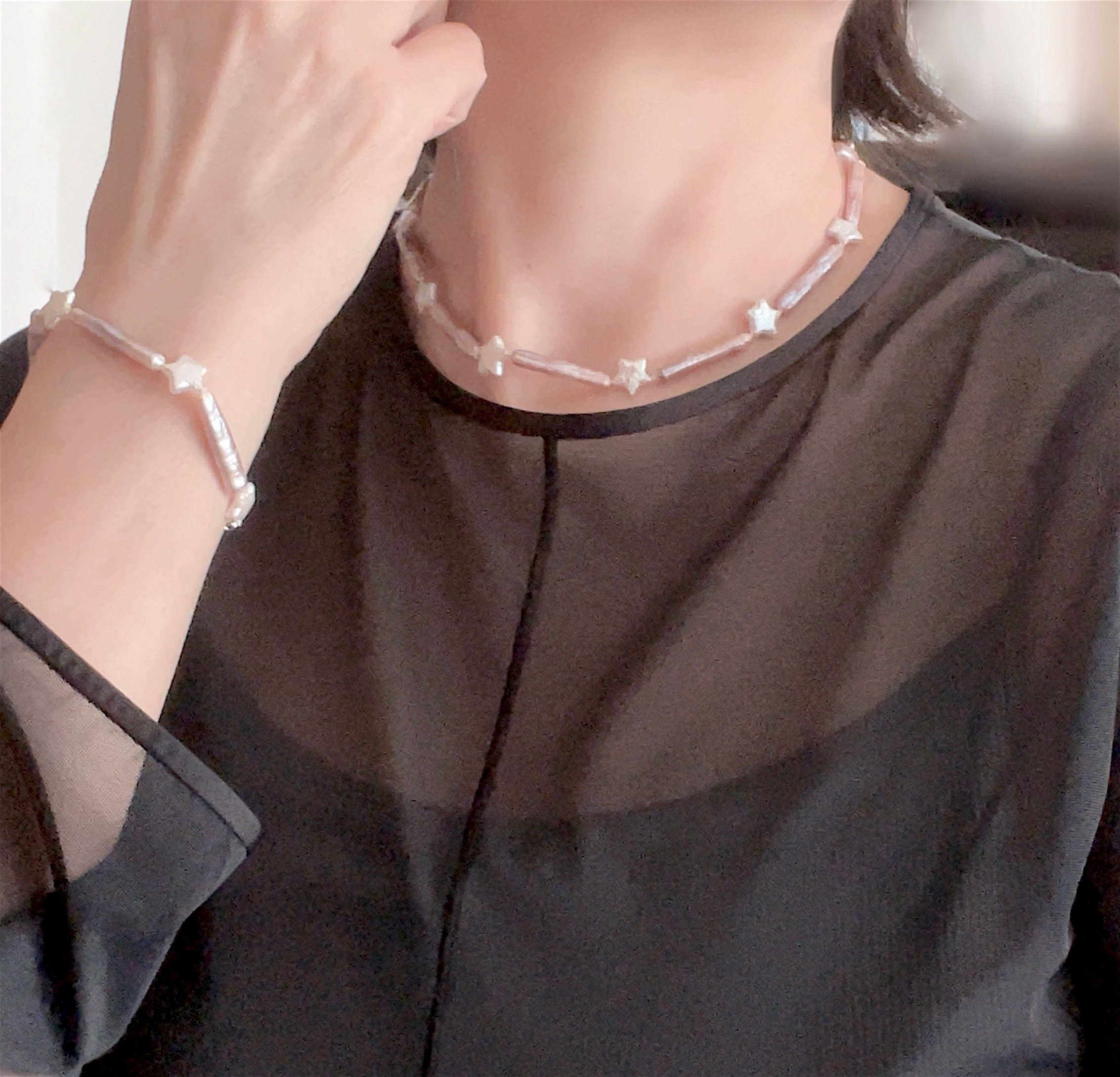 星とバーパール 淡水パール  チョーカーネックレスとブレスレットのセット  ライトパープル