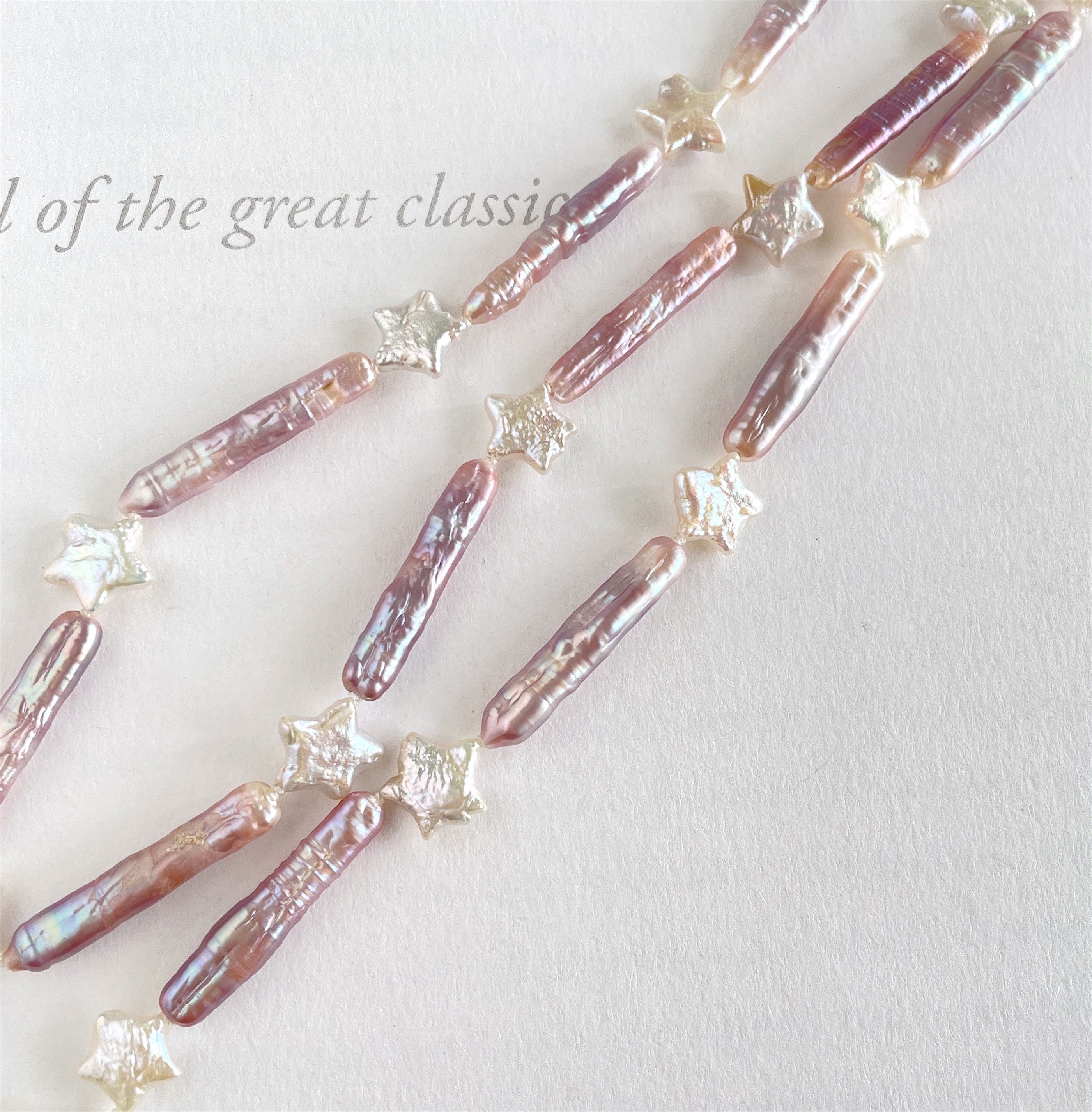 星とバーパール 淡水パール  チョーカーネックレスとブレスレットのセット  ライトパープル